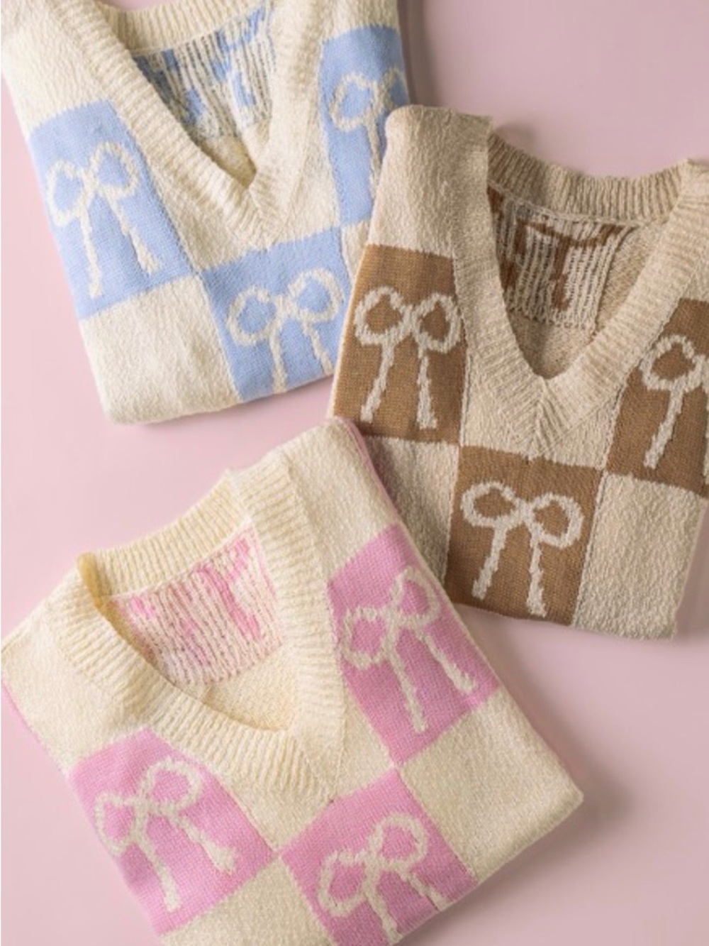 Bow-Check V-Neck Sweater in Cream with Pink/Blue/Brown Accents